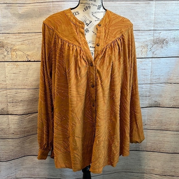 Free People Blouse Top Boho Peasant Mustard Size Small - Picture 1 of 8